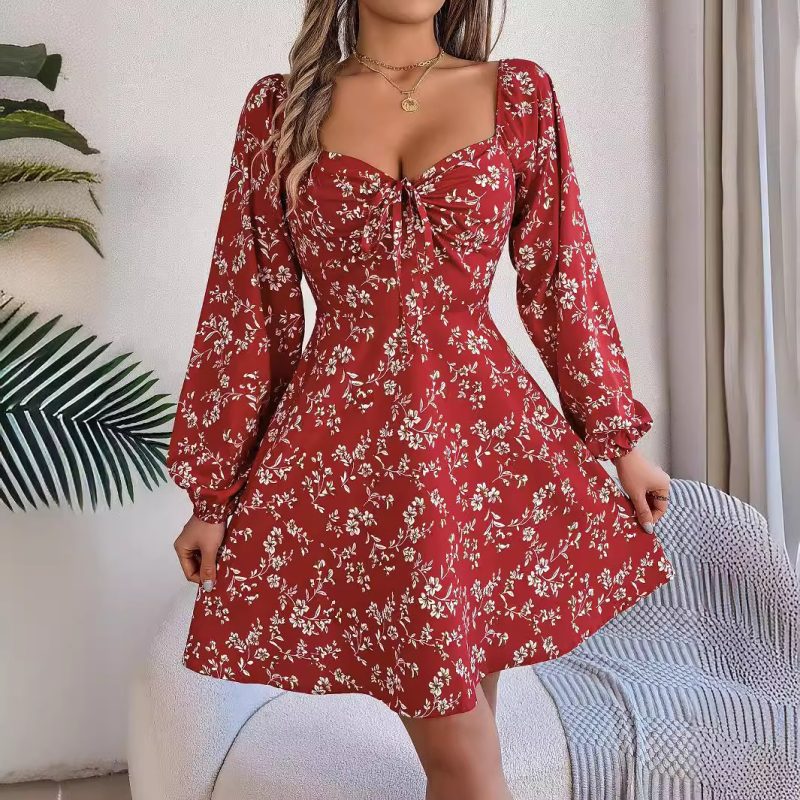 Floral Square Collar Lacing A-Line Dress - Image 2