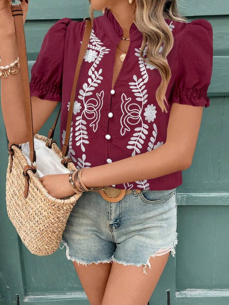 Spring Summer Cotton Embroidered Buckle Puff Sleeve Cardigan - Image 4