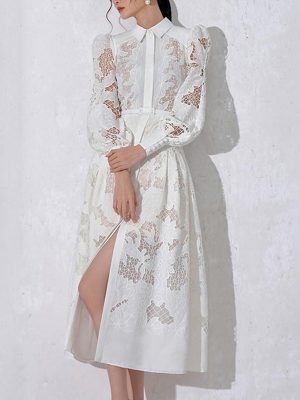 Retro Embroidered Lantern Sleeve Solid Color Dress
