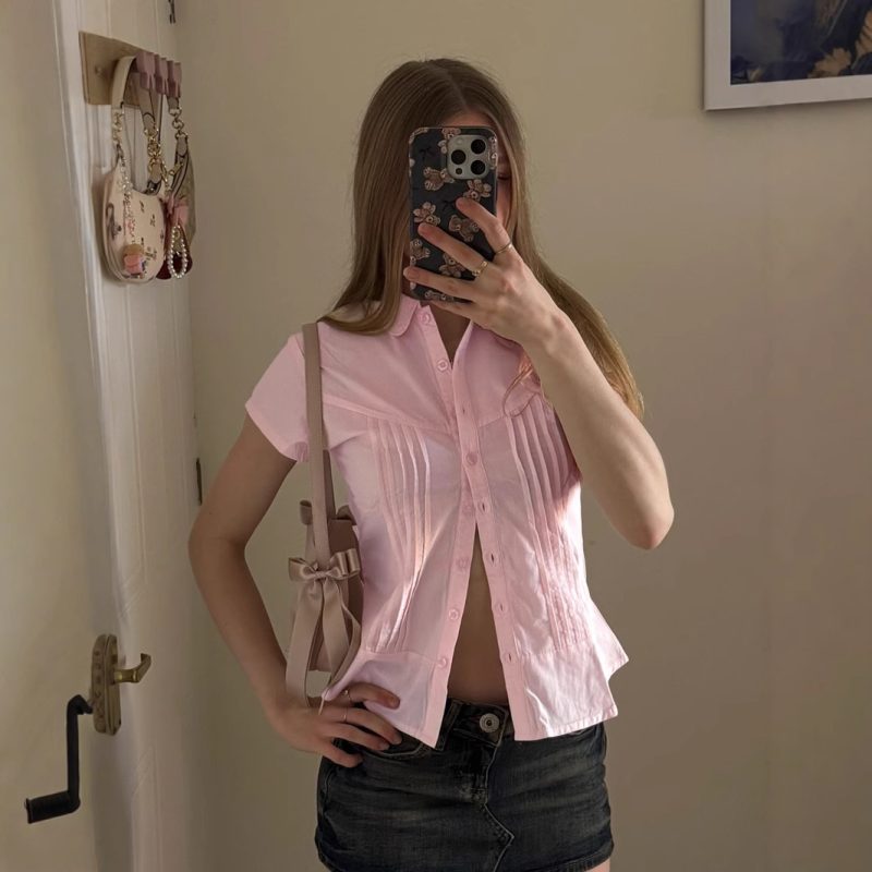 Organ Pleated Waist-Trimming Short Sleeve Shirt - Image 4