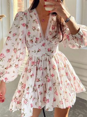 Sweet Printed V-Neck Lace Waist Dress