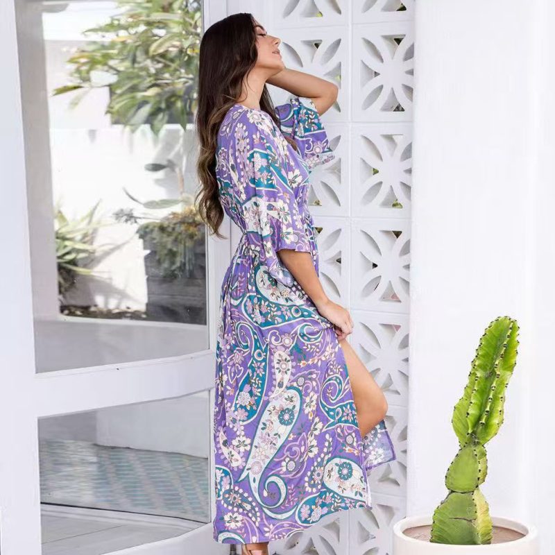 V-Neck Batwing Sleeve Slim Maxi Beach Dress - Image 3
