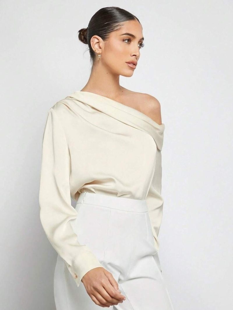 Spring Summer Off-Shoulder Pleated Satin Asymmetric Shirt - Image 3