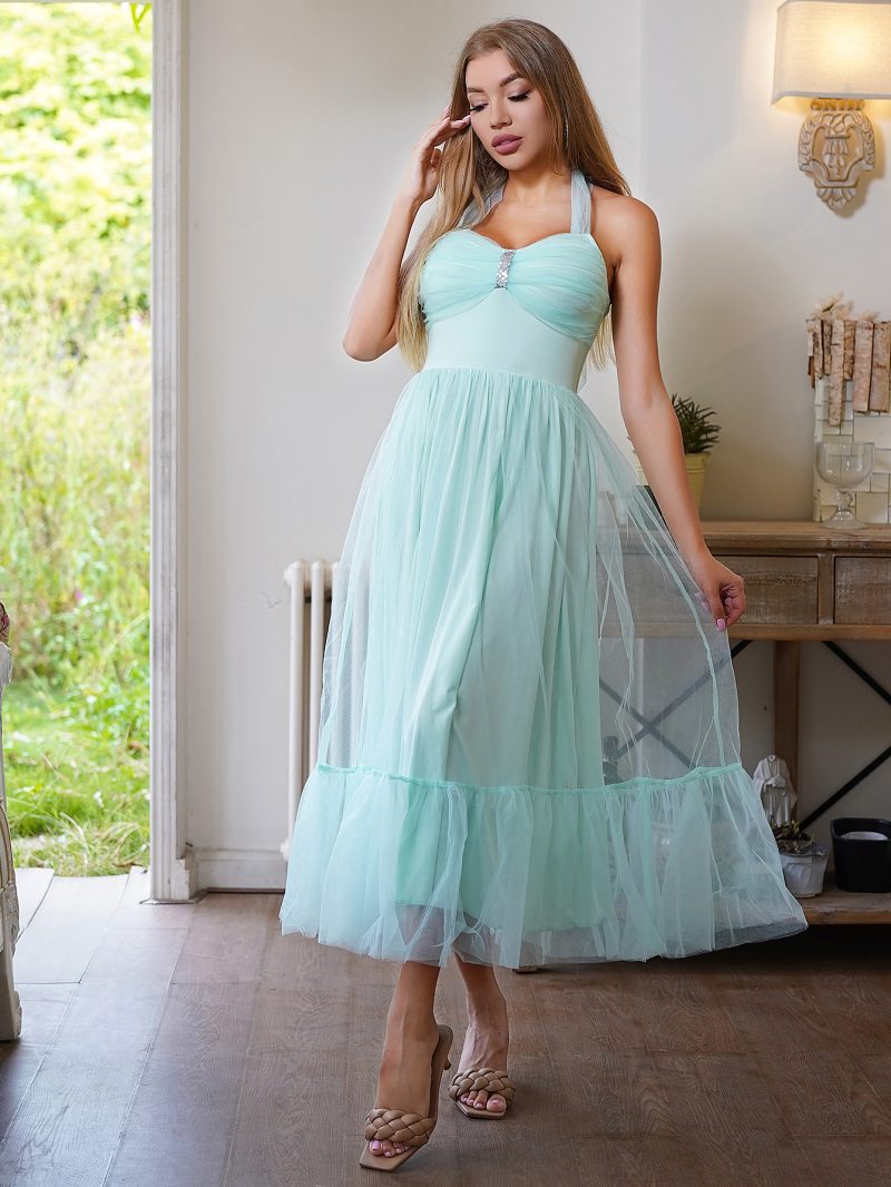 Lace-Up Tulle Princess Bridesmaid Midi Dress - Image 3
