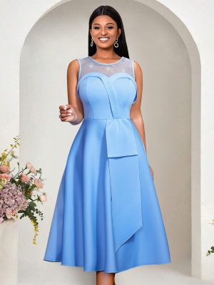 Elegant A-Line Dress with Mesh Stitching and Crystals