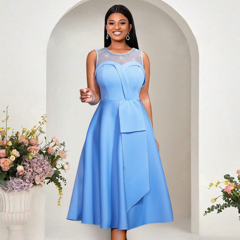 Elegant A-Line Dress with Mesh Stitching and Crystals