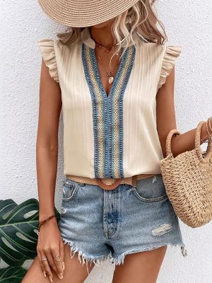 Lace V-Neck Ruffle Sleeve Summer Blouse