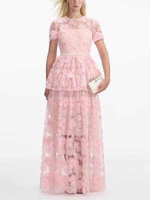 Embroidered Mesh Tiered Dress with Slim Waist