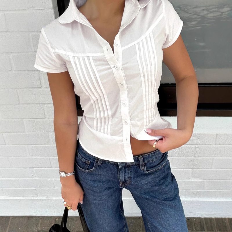 Organ Pleated Waist-Trimming Short Sleeve Shirt - Image 2