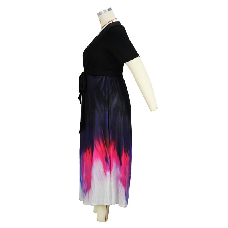 V-Neck Belted Patchwork Maxi Dress Women - Image 3