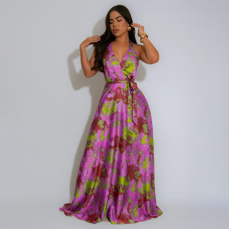 Printed Satin Backless Maxi Dress – Summer Halter Style - Image 3