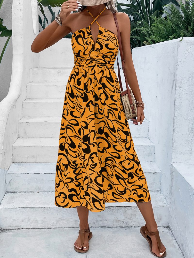 Printed Halter Backless High Waist Summer Dress - Image 3