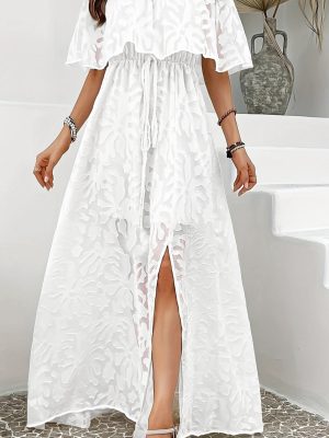 Elegant Off-Shoulder Split Jacquard Dress