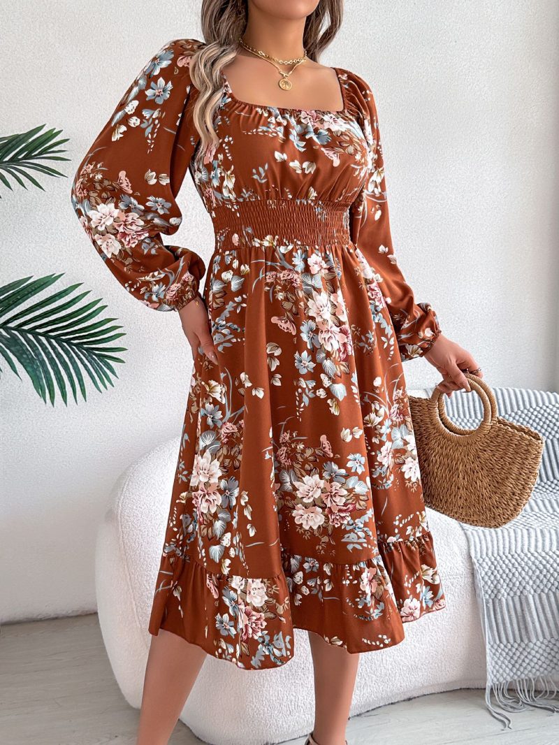 Elegant Floral Square Collar Ruffled A-Line Dress - Image 2
