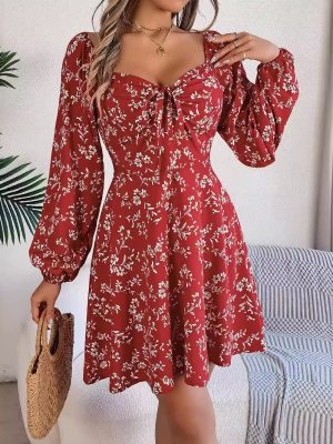 Floral Square Collar Lacing A-Line Dress