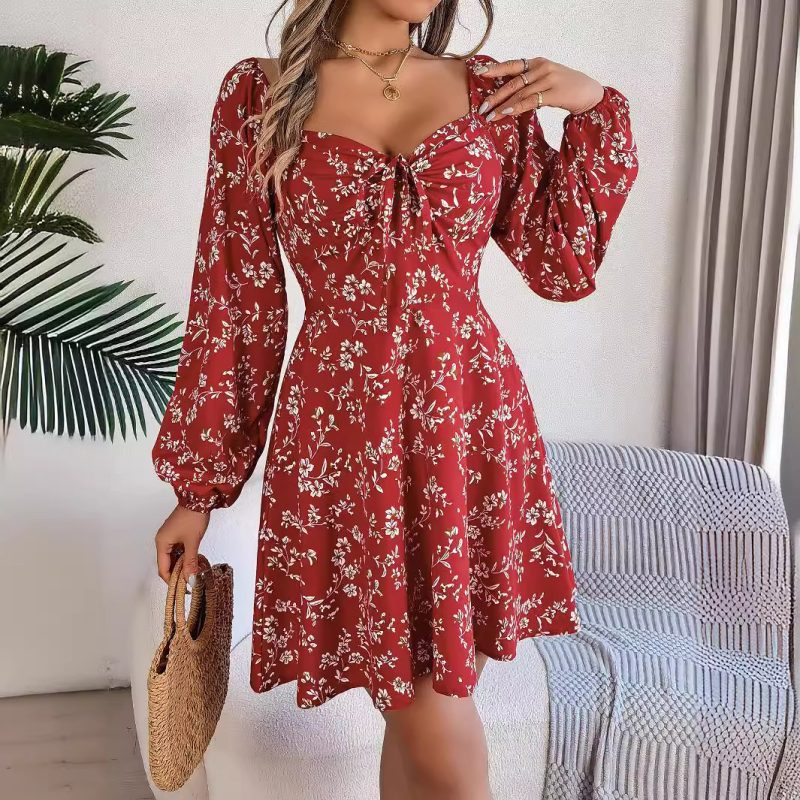 Floral Square Collar Lacing A-Line Dress