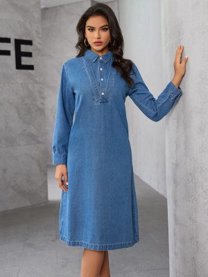 Women’s Long Sleeve Chinese Collar Denim Dress