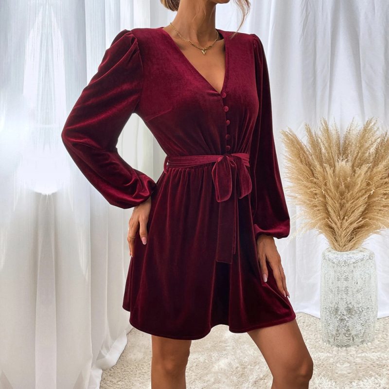 Velvet V-Neck Long Sleeve Cocktail Dress - Image 4