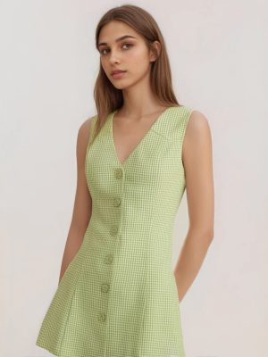 Retro Plaid V-Neck Button Sleeveless Dress