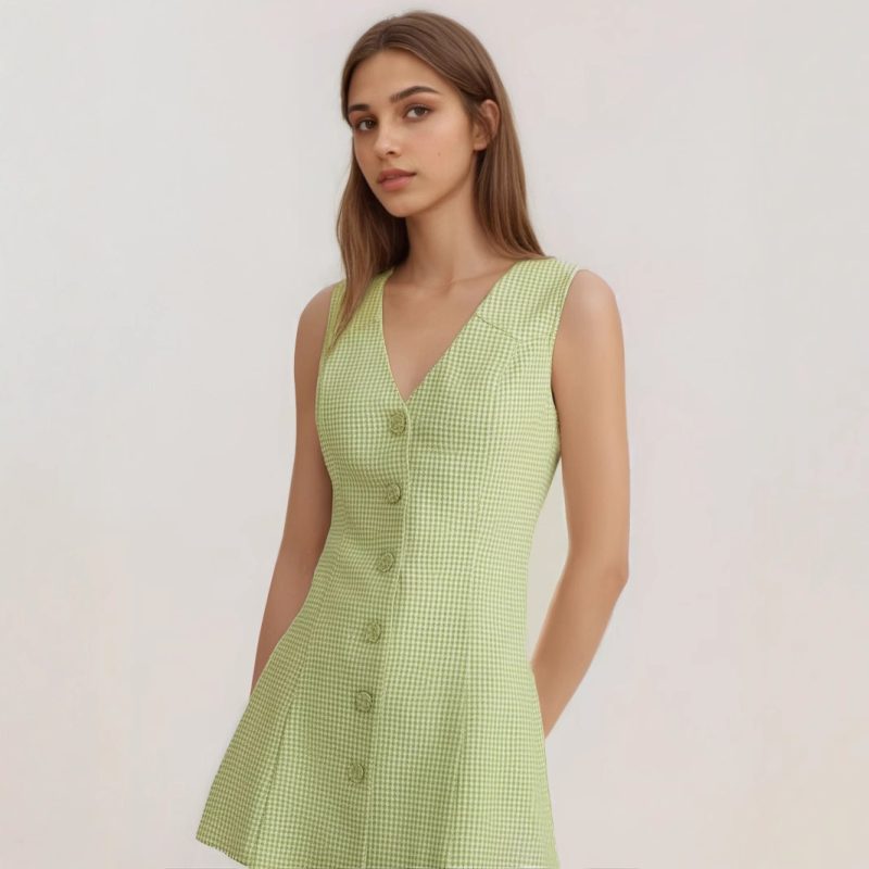 Retro Plaid V-Neck Button Sleeveless Dress