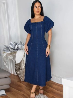 Denim U-Collar Short Sleeve Long Dress