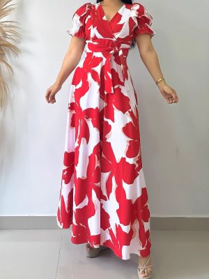 Casual Printed V-Neck Dress for Ladies