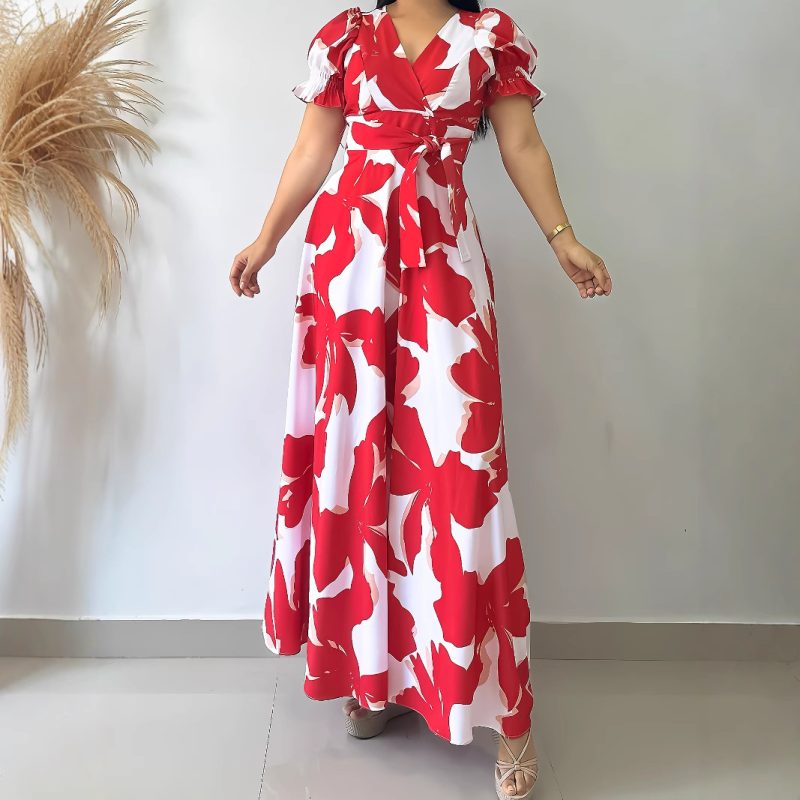 Casual Printed V-Neck Dress for Ladies