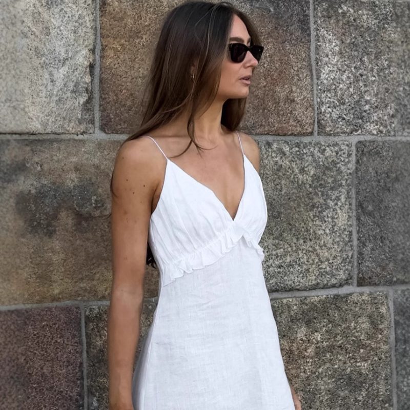 White Cotton V-Neck Flounce Maxi Vacation Dress - Image 3