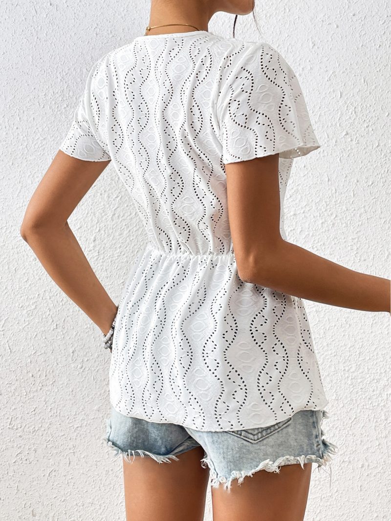 Summer Lace V-Neck Flying Sleeve Jacquard Top - Image 2