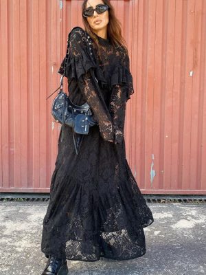 Round Neck Patterned Lace Cutout Maxi Dress