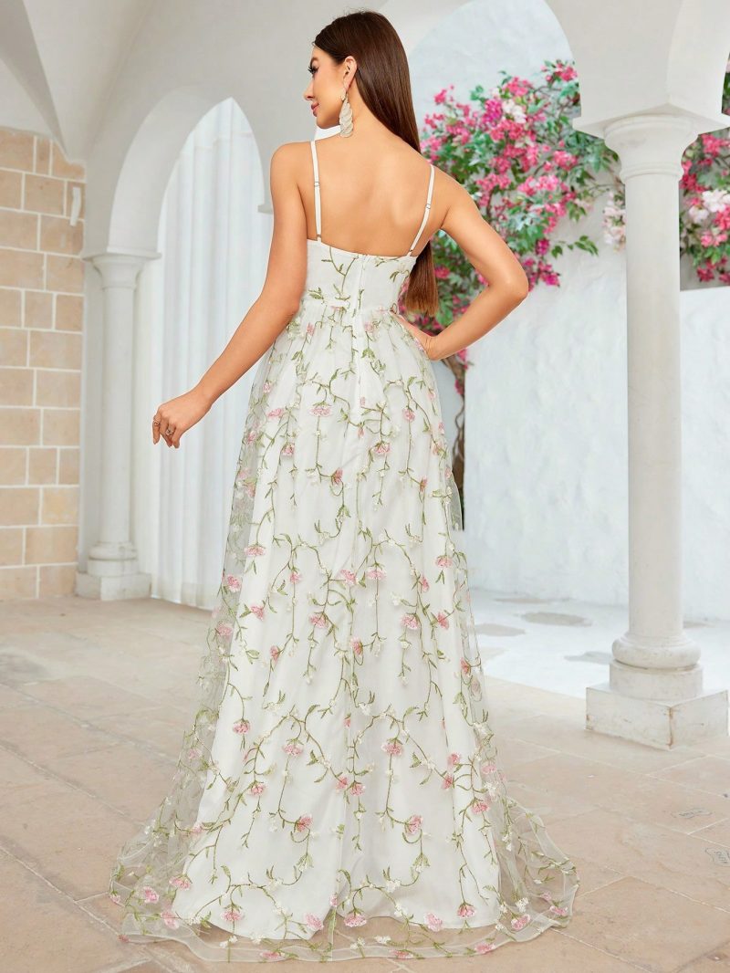 Elegant Embroidered Ball Dress with Sheer Mesh Layers - Image 2
