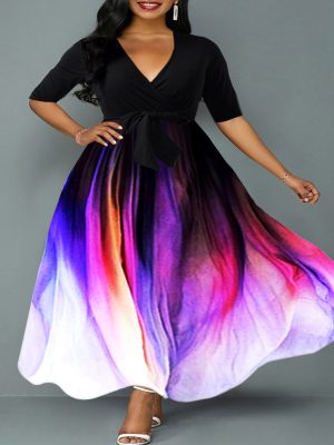 V-Neck Belted Patchwork Maxi Dress Women