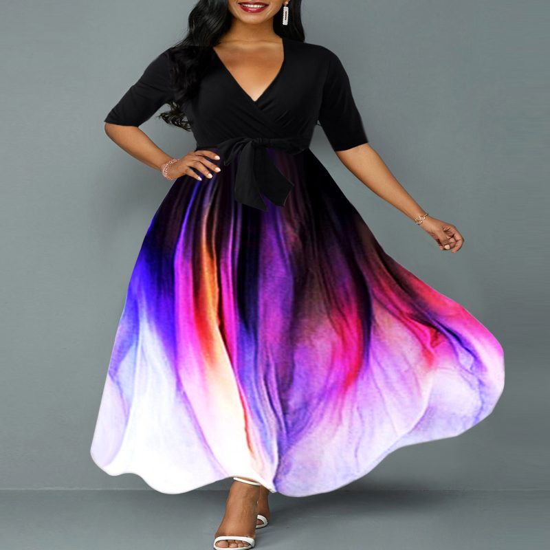 V-Neck Belted Patchwork Maxi Dress Women