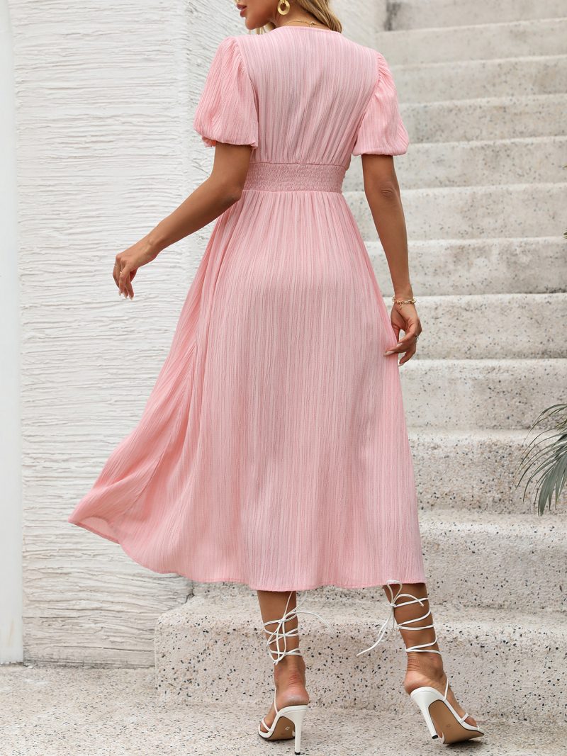 Textured V Neck Split Dress with Lantern Sleeves - Image 2