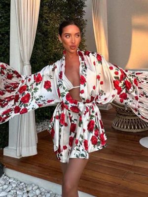 Digital Print Puff Sleeve Lace-Up Dress