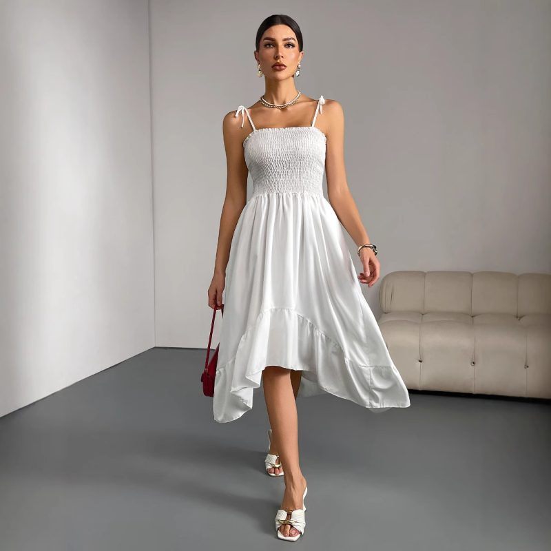 Elegant Solid Sling Bandeau Lace-Up Mid Dress