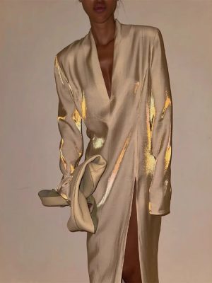 Gold Glitter V-Neck Split Casual Dress