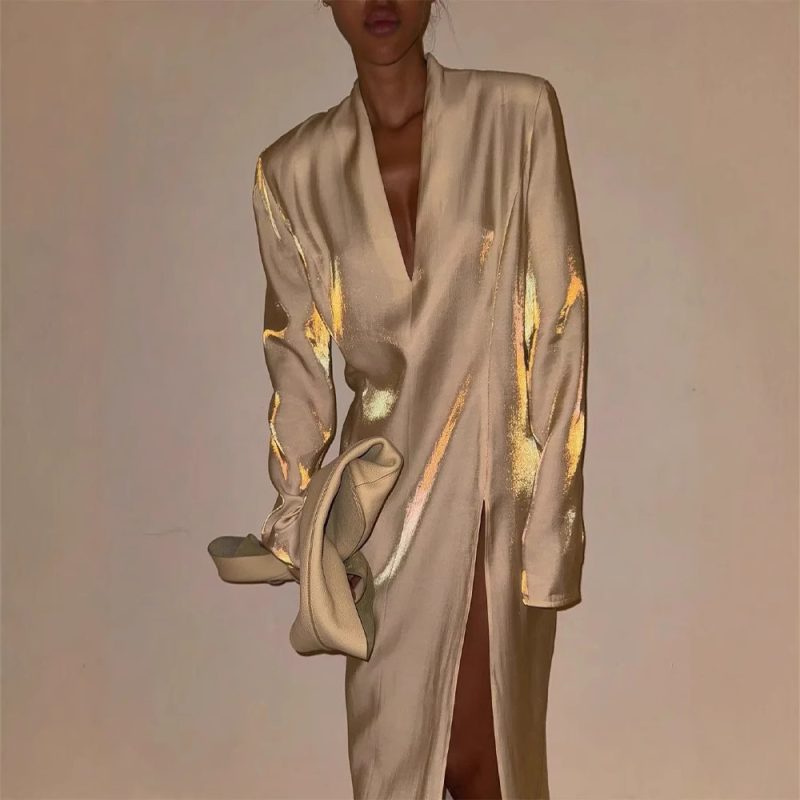 Gold Glitter V-Neck Split Casual Dress