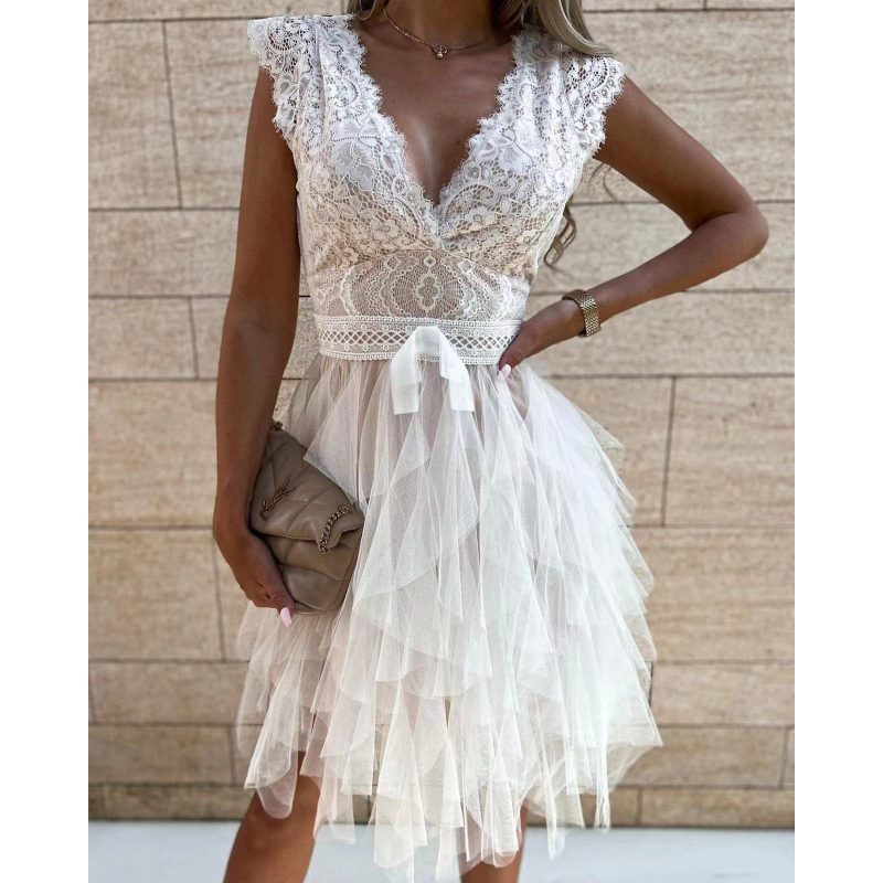 Lace Stitch V-Neck Casual Short Sleeve Dress - Image 2