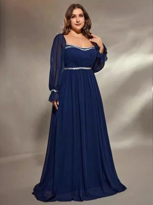 Square Collar Evening Dress – Plus Size Chiffon Style