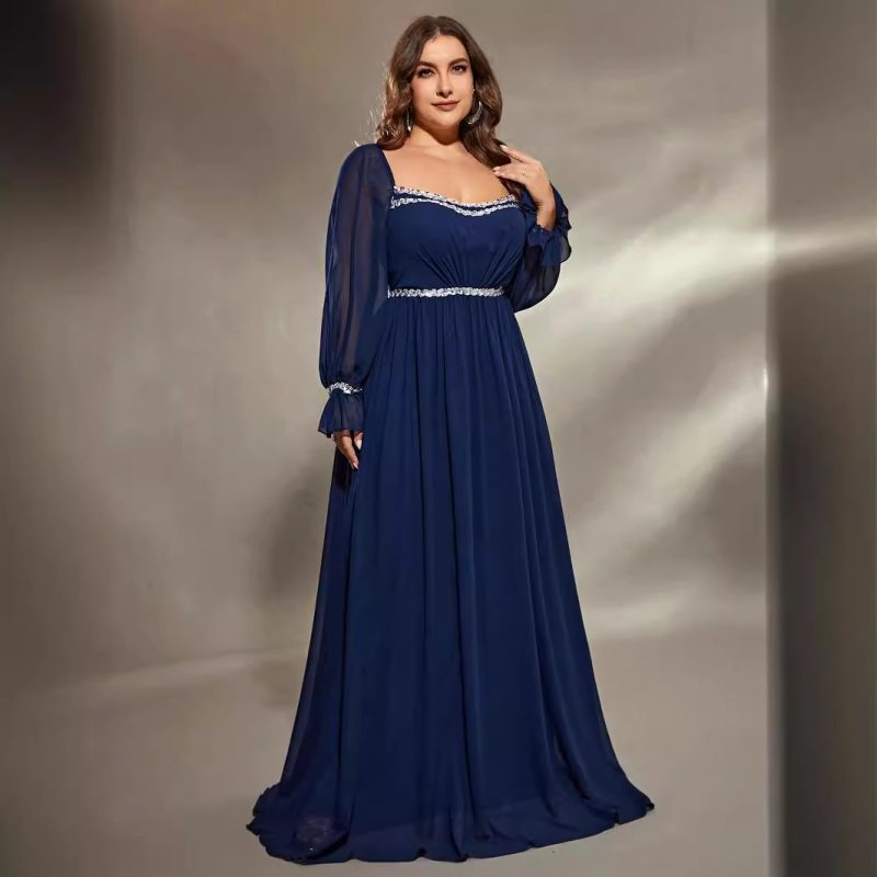 Square Collar Evening Dress – Plus Size Chiffon Style
