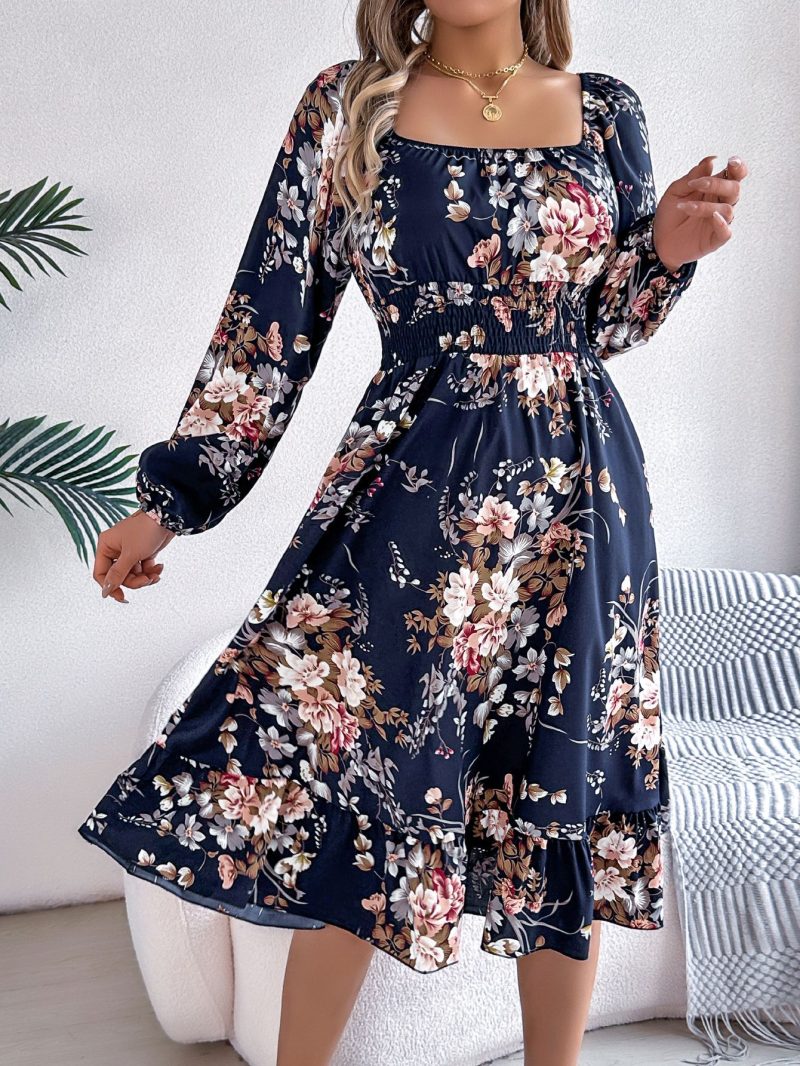 Elegant Floral Square Collar Ruffled A-Line Dress - Image 4