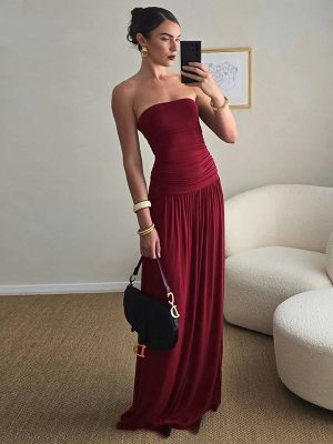 Solid Color Pleated Tube Maxi Dress Women