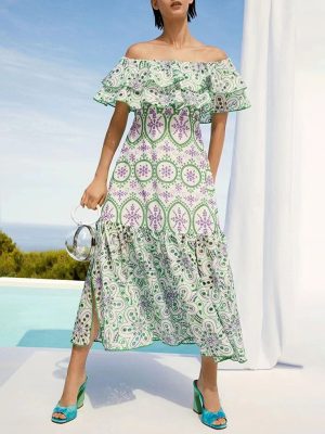 Off Shoulder Embroidered Ruffled Front Slit Dress