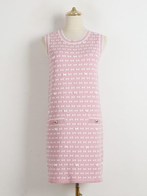 Sleeveless Bow Jacquard Knitted Summer Dress