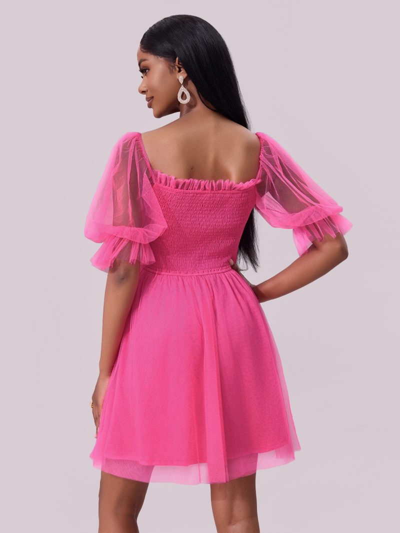 Off-Shoulder Long Sleeve Pleated Mesh Princess Dress - Image 4