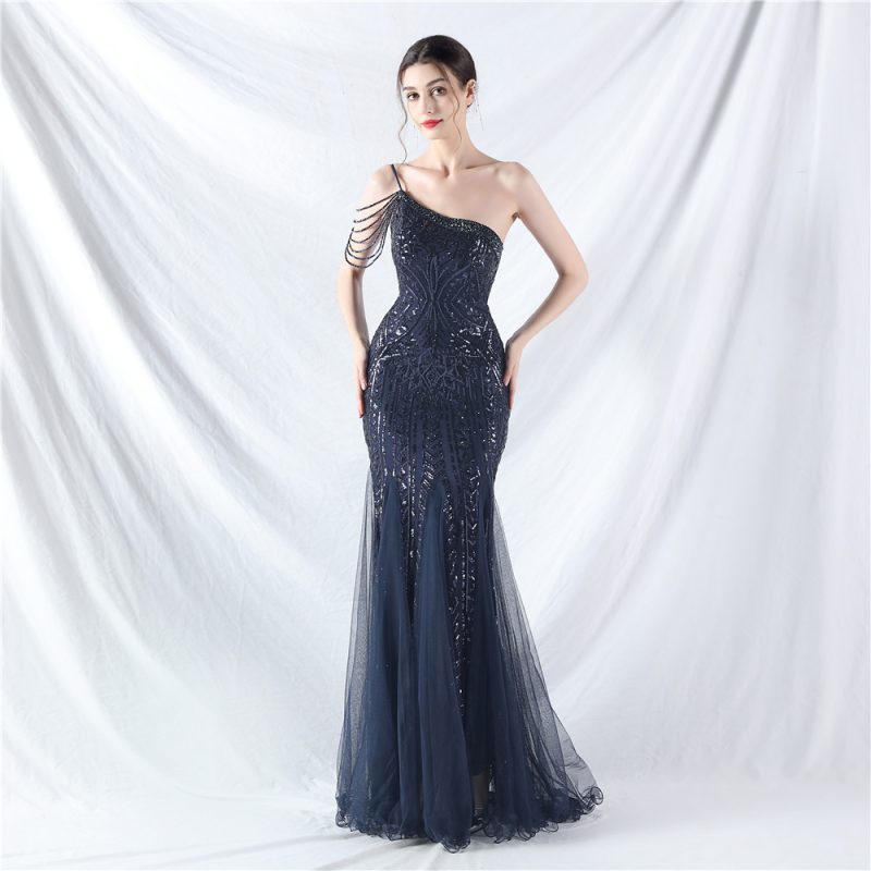 High-End Floral Beaded Sequin Mesh Evening Dress - Image 3
