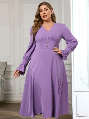 Plus Size Long Sleeve V-Neck Dress Women