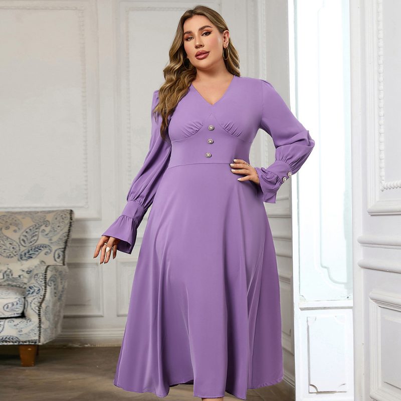 Plus Size Long Sleeve V-Neck Dress Women