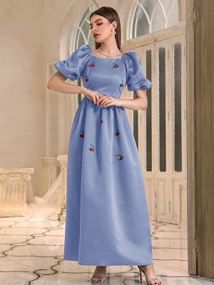 Elegant Blue Square Neck A-Line Dress